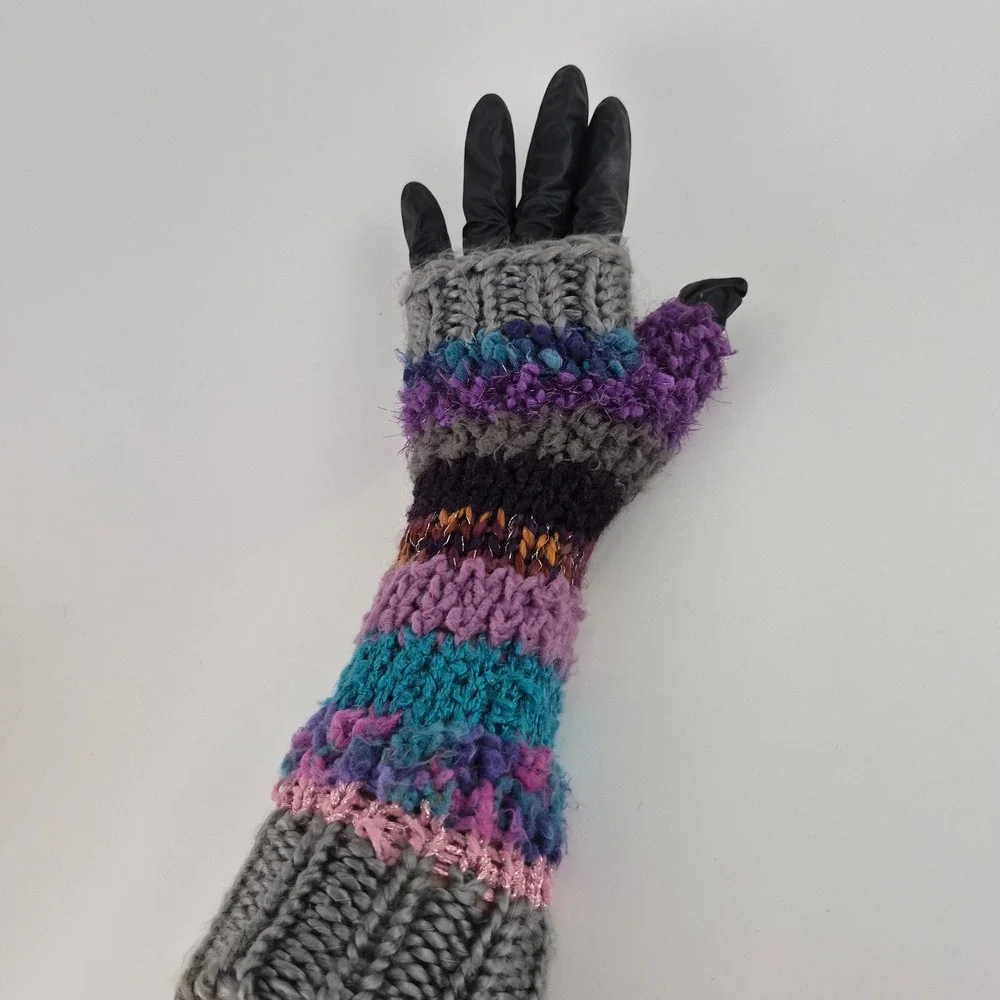 Boho Multi Color Striped Chunky Knit Fingerless Gloves Arm Warmers One Size